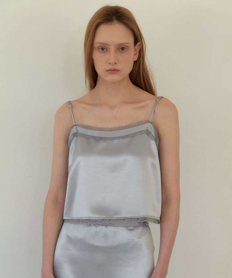 Lace Satin Top - Silver Blue