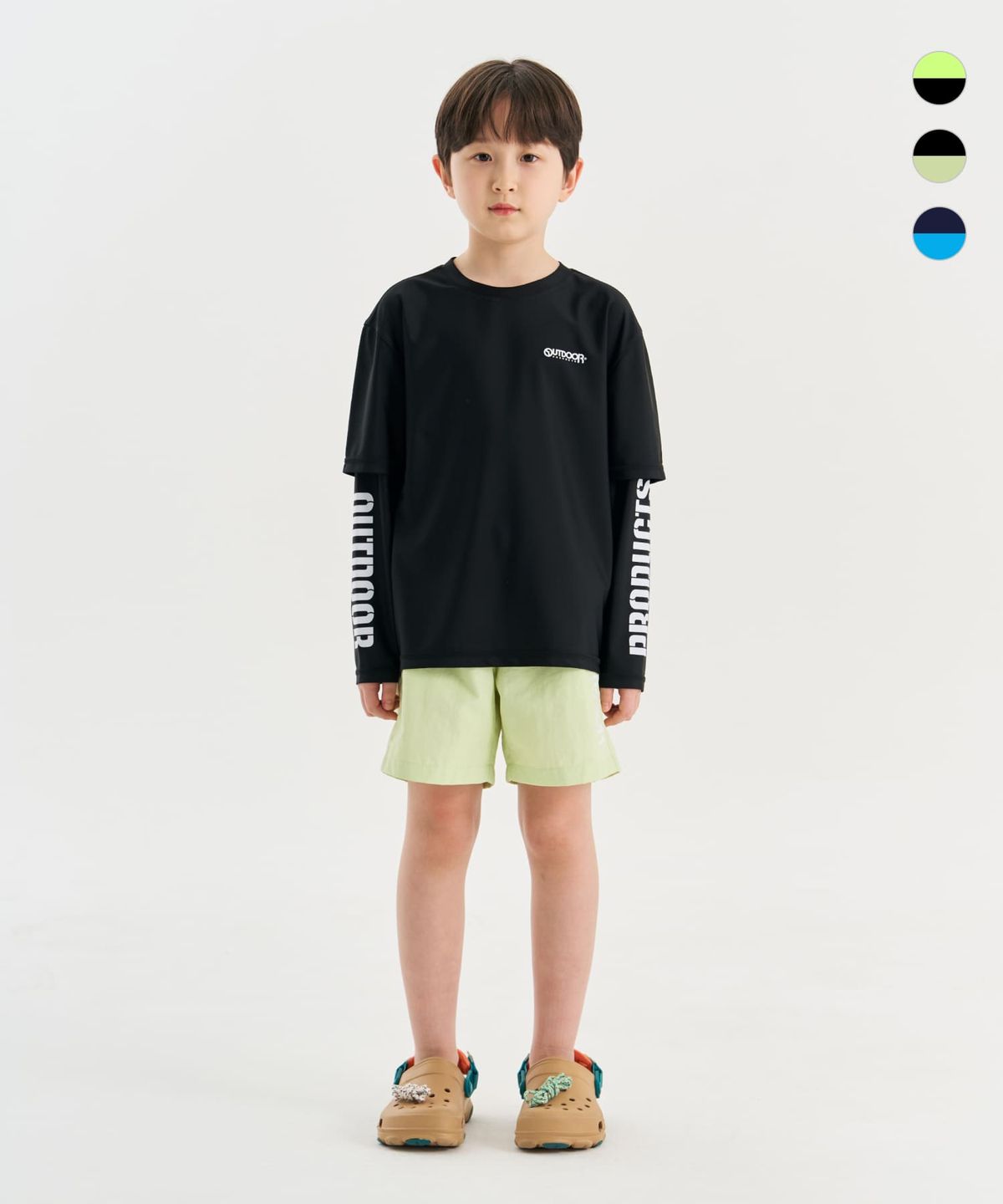 아웃도어 프로덕츠 키즈(OUTDOOR PRODUCTS KIDS) [세트상품]긴팔 레이어드 워터 티셔츠+레터링 스윔 쇼츠 (3color)