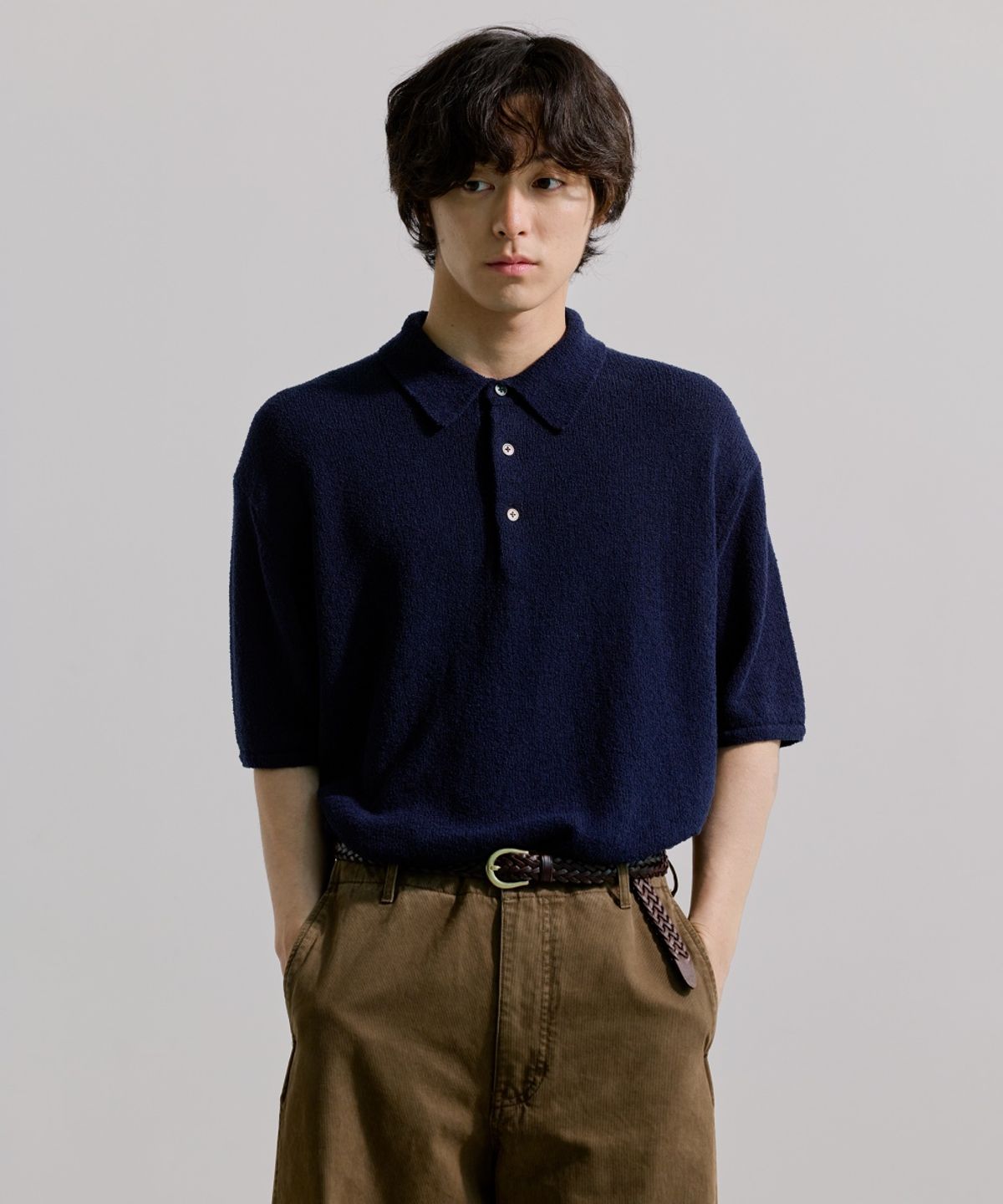 유니온블루(UNION BLUE) CLOUD BOUCLE COLLAR HALF KNIT [NAVY]