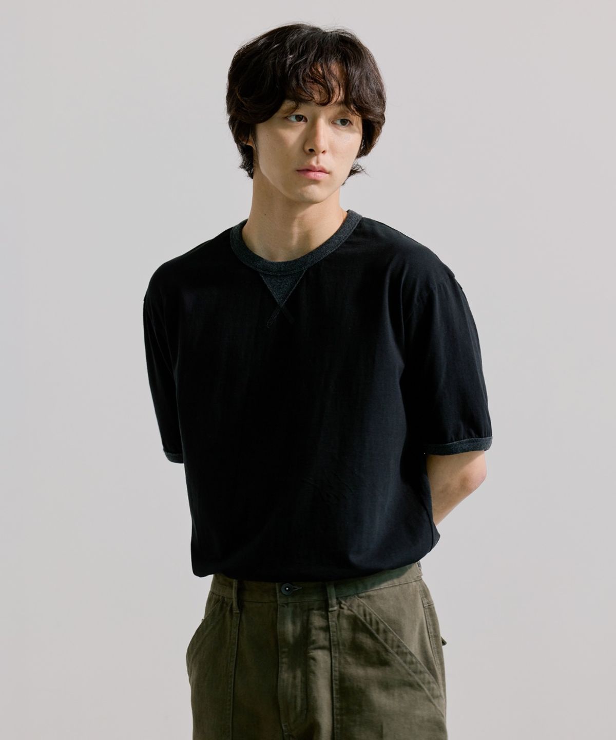 유니온블루(UNION BLUE) GUSSET RINGER S/S T-SHIRT [BLACK]