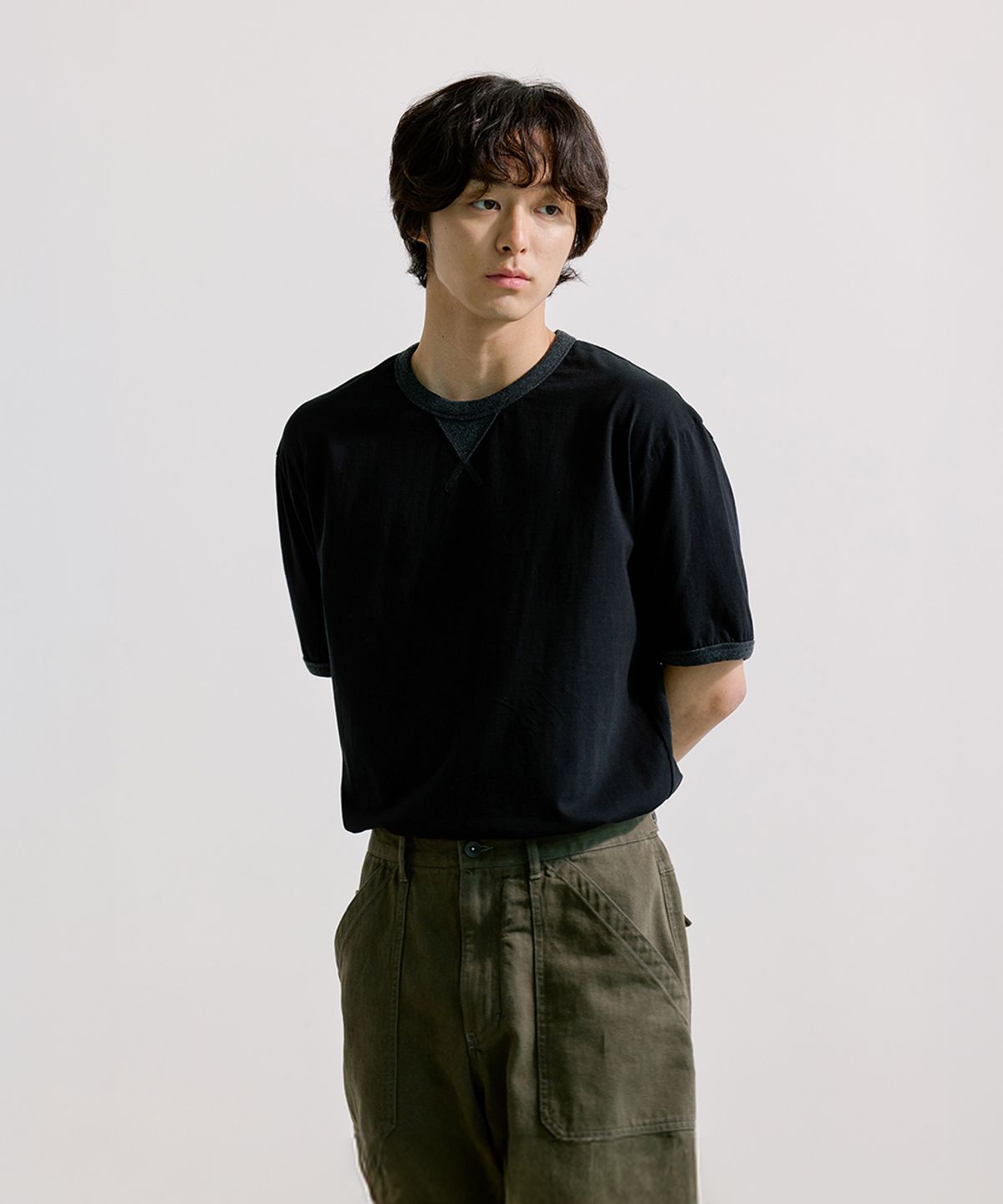 유니온블루(UNION BLUE) GUSSET RINGER S/S T-SHIRT [BLACK]