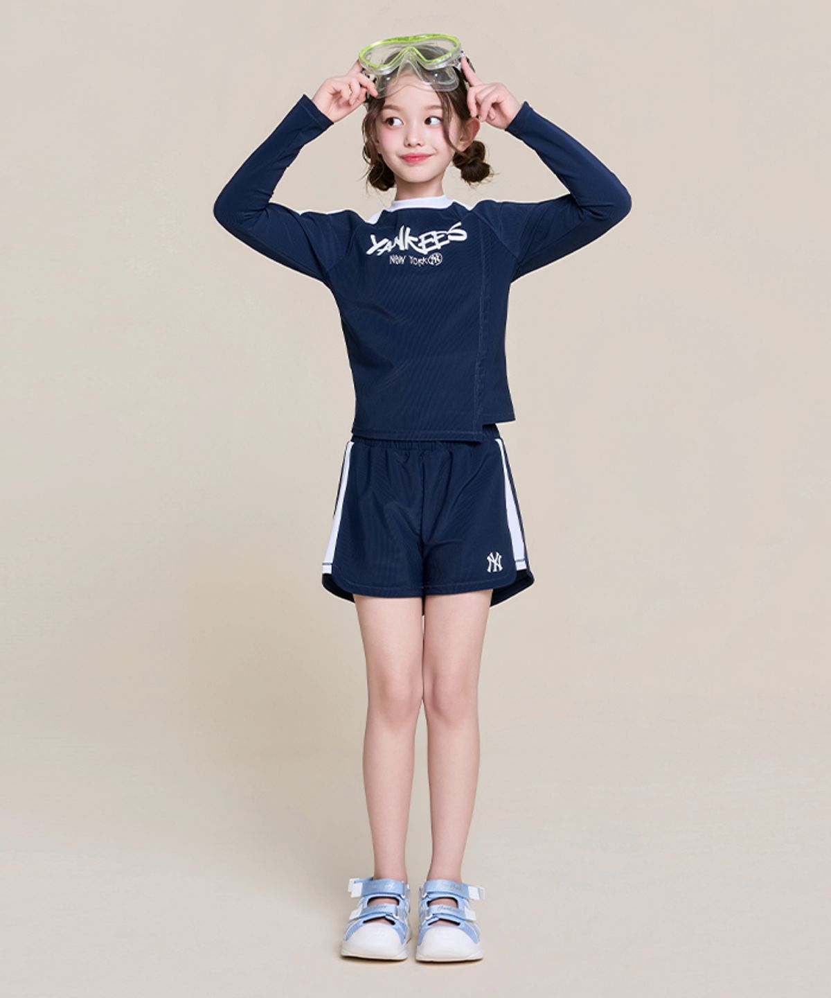 엠엘비 키즈(MLB KIDS) 걸즈 스트릿 배색 래쉬가드 쇼츠 세트 NY (Navy)