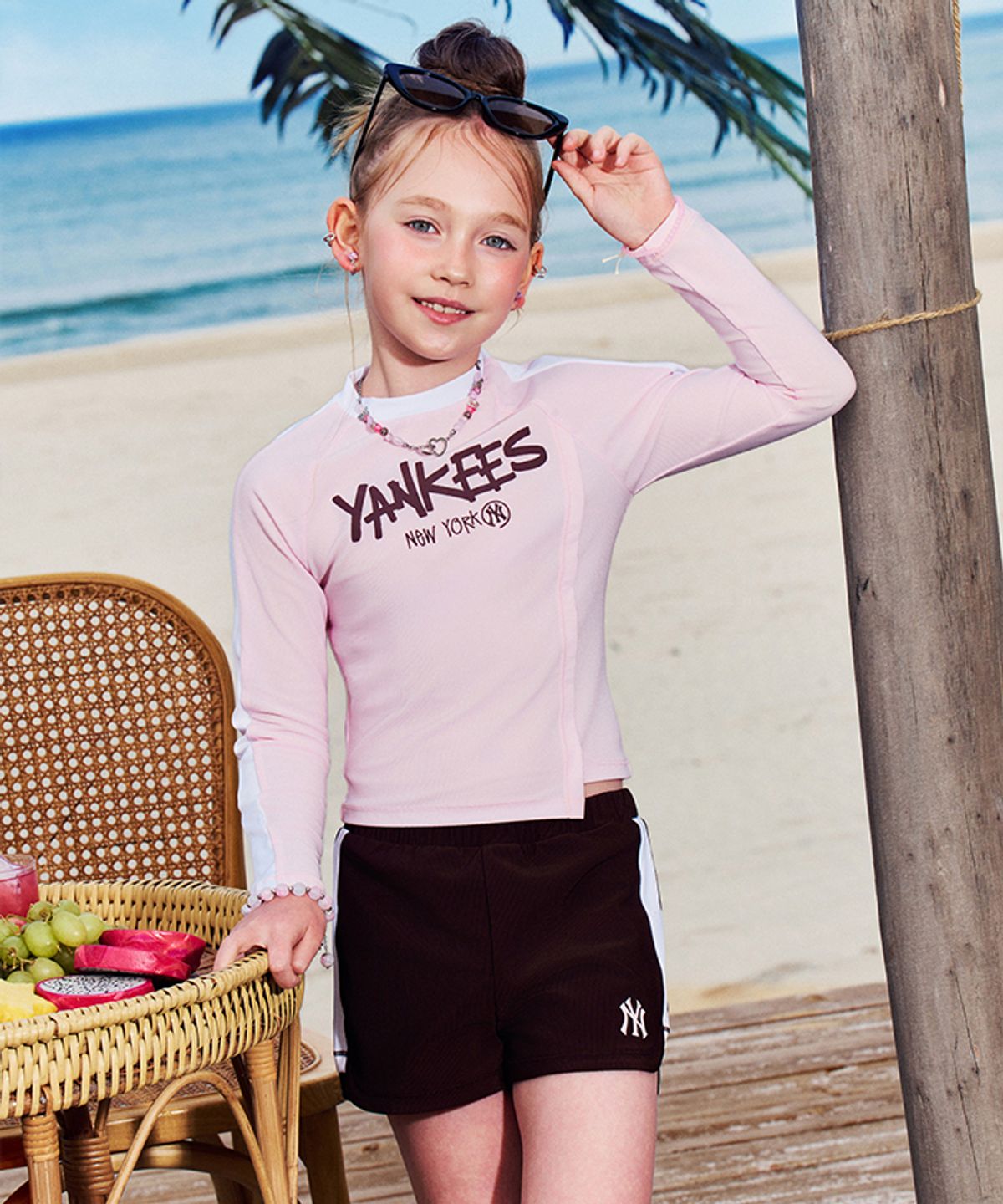 엠엘비 키즈(MLB KIDS) 걸즈 스트릿 배색 래쉬가드 쇼츠 세트 NY (L.Pink)