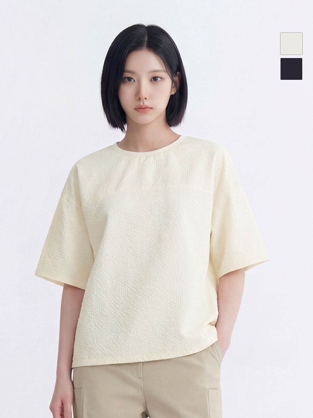 웨스트우드(WESTWOOD) 여성 우븐 가오리핏 라운드티_WO2WCTR436