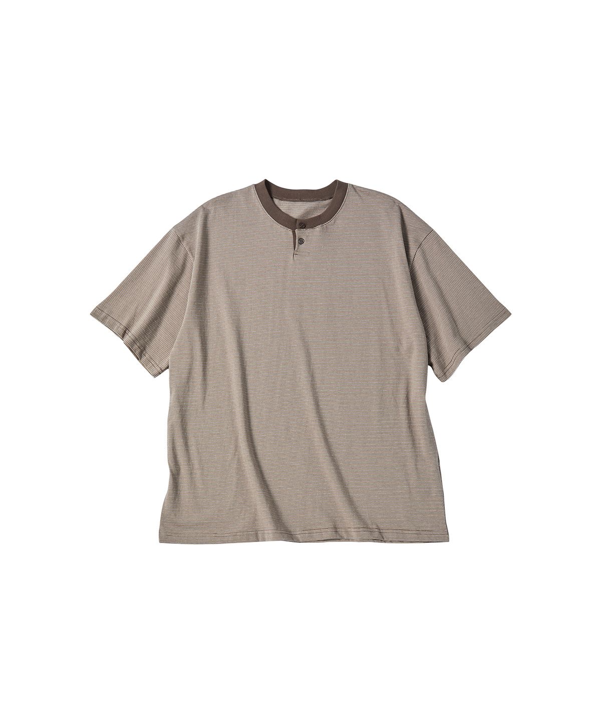 꼬모니노즈(COMONINOZ) STRIPE HENLY NECK T-SHIRT [BROWN]