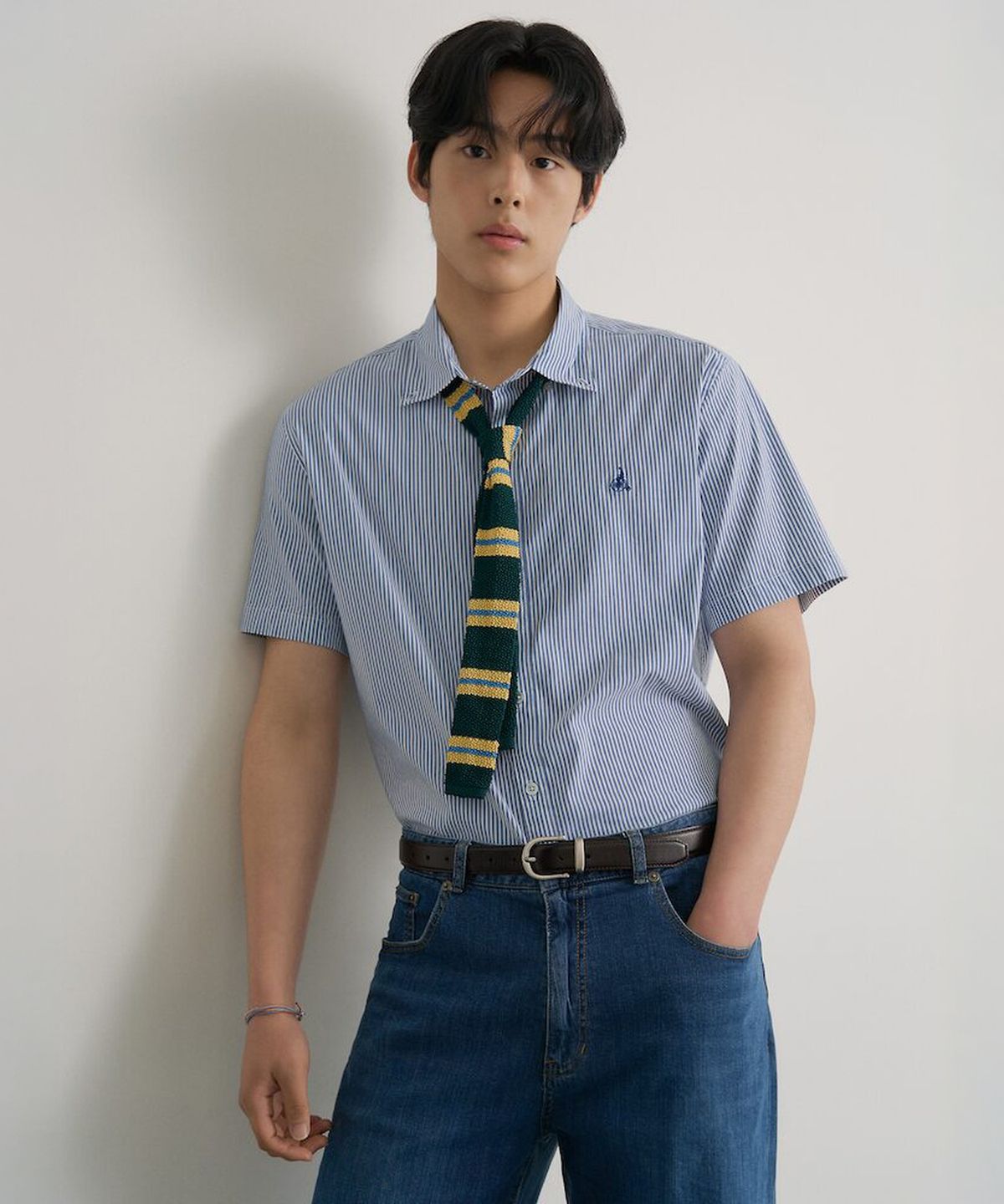 빈폴 멘(BEANPOLE MEN) 플레인 스트라이프 반소매 셔츠  블루