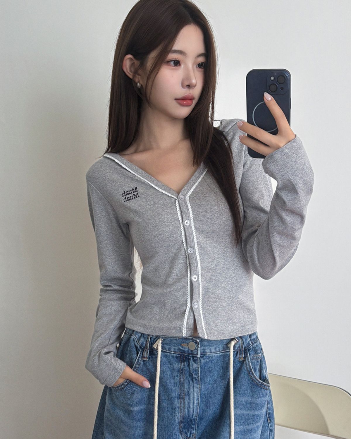 무아무아(MUAHMUAH) 레이스 포인트 더블 후드가디건 [그레이]