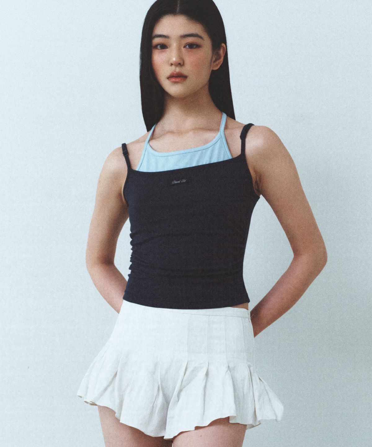 드렁크텍스트(DRUNKTXT) [Woman] Halterneck Layered Tank Top Sky Blue & Navy