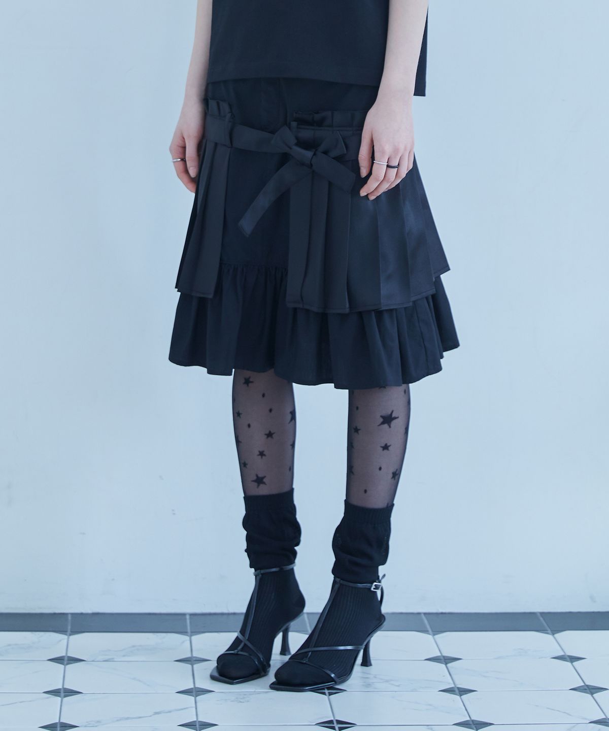 테레루(TERERU) Open Pleat Layered Skirt Black