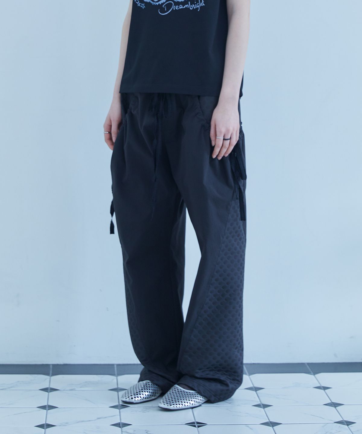 테레루(TERERU) Dot Layered Curved Pants Black