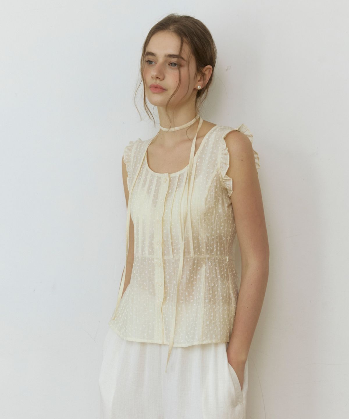 어다울(ADAUL) Frill mini flower see through blouse - cream