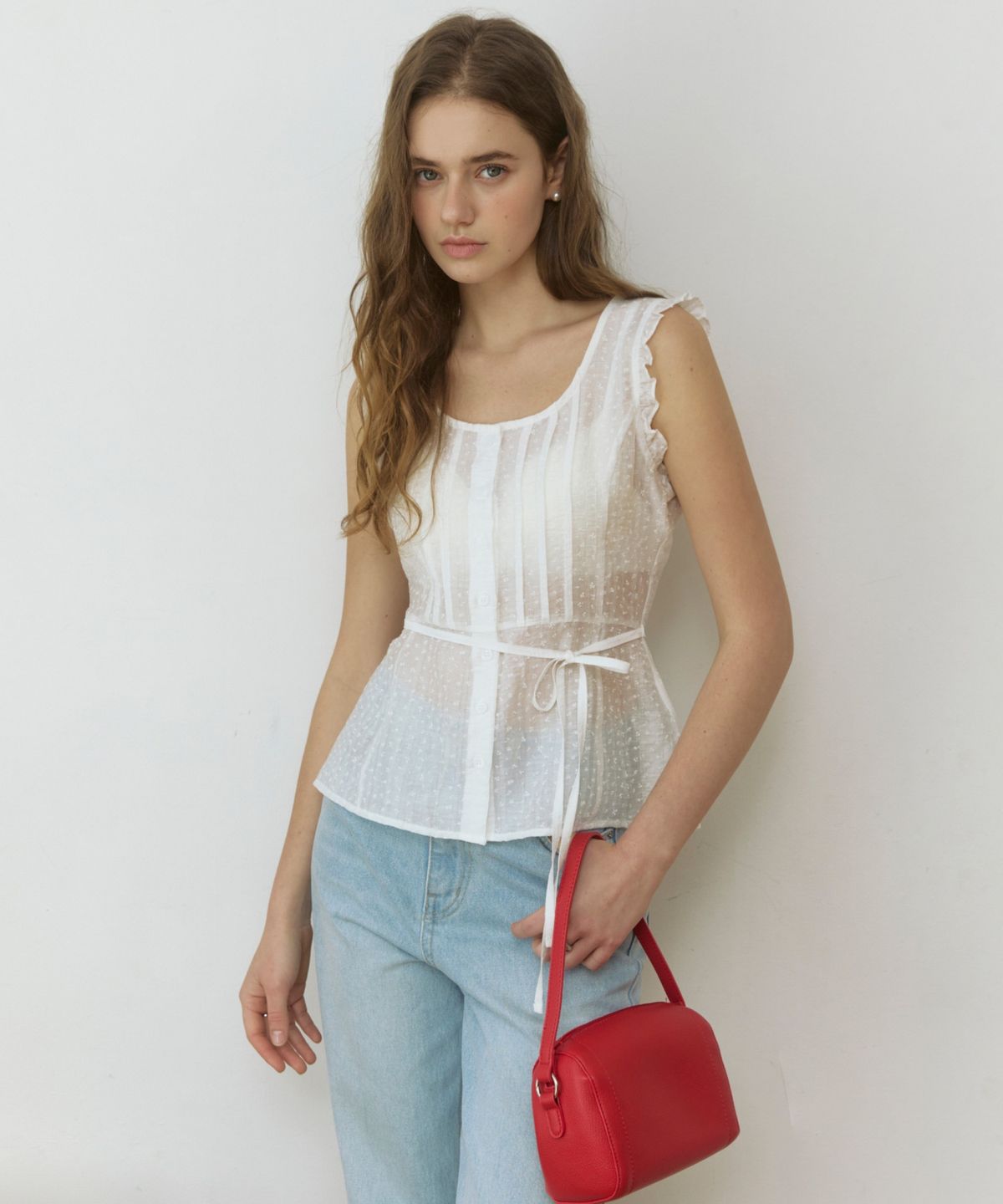 어다울(ADAUL) Frill mini flower see through blouse - white