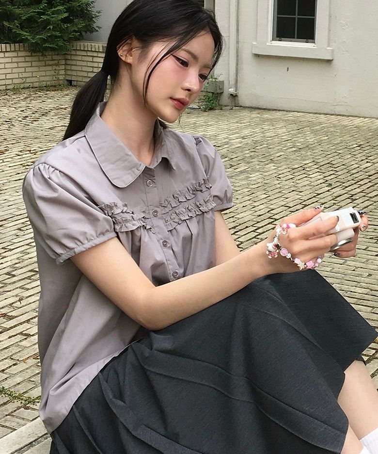 더블 프릴 포인트 퍼프 소매 라운드 카라 반팔 블라우스 셔츠  [퍼플]