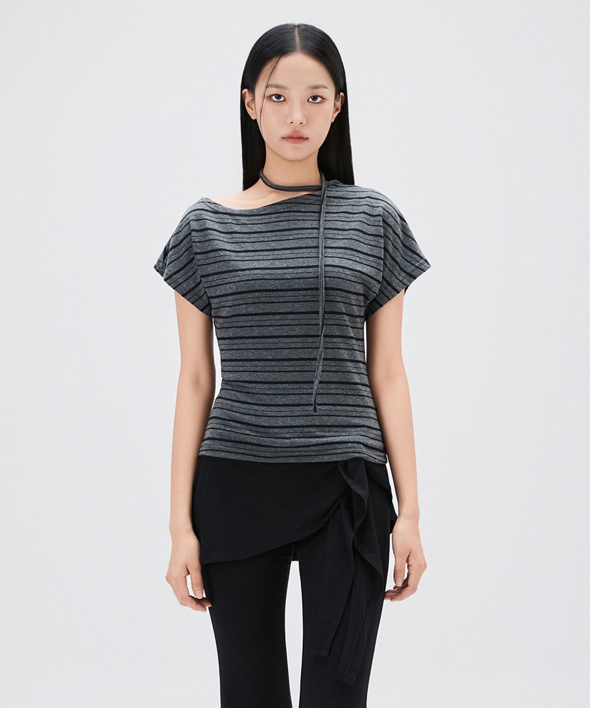미쏘(MIXXO) 스트라이프 타이 반팔 티셔츠_MIWHWG40SS