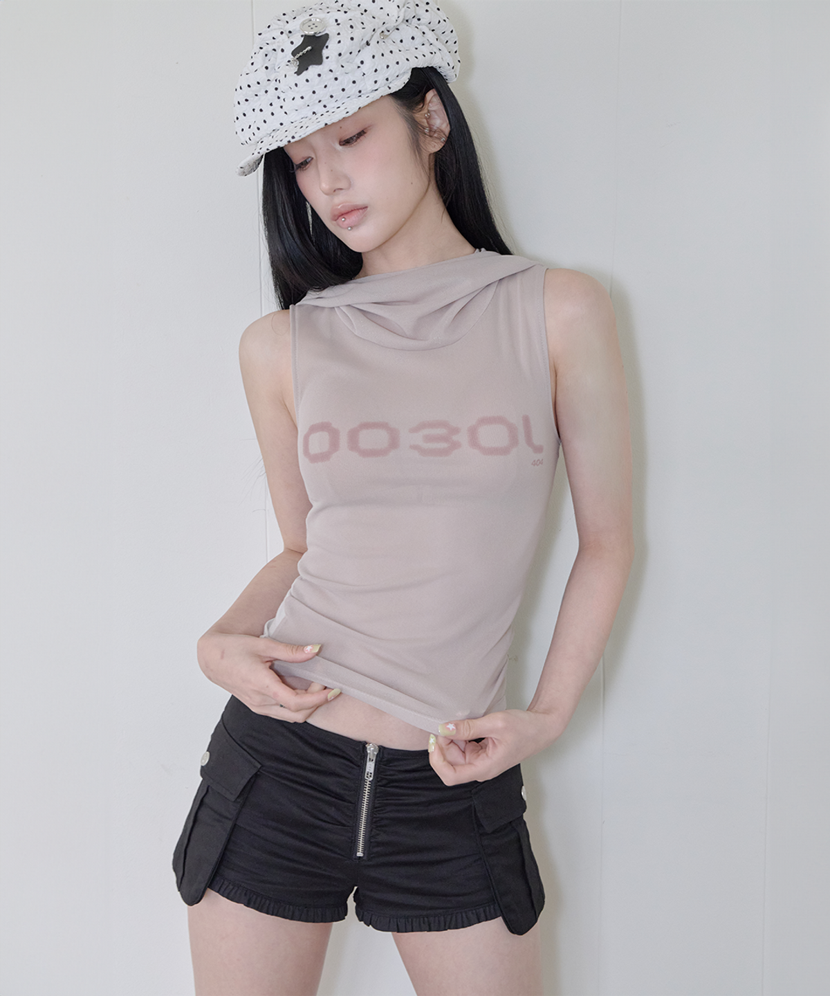 사일프레이(41PRAY) Draped Mesh Hoodie Sleeveless / Beige