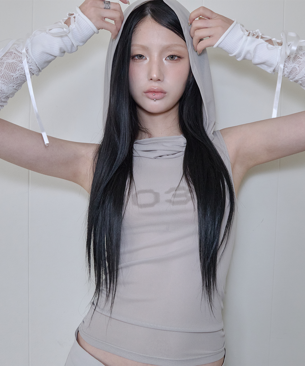 사일프레이(41PRAY) Draped Mesh Hoodie Sleeveless / Light Khaki