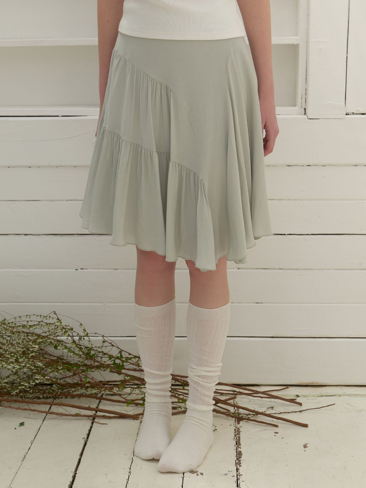 리엘(RE L) Ena chiffon shirring skirt (mint)