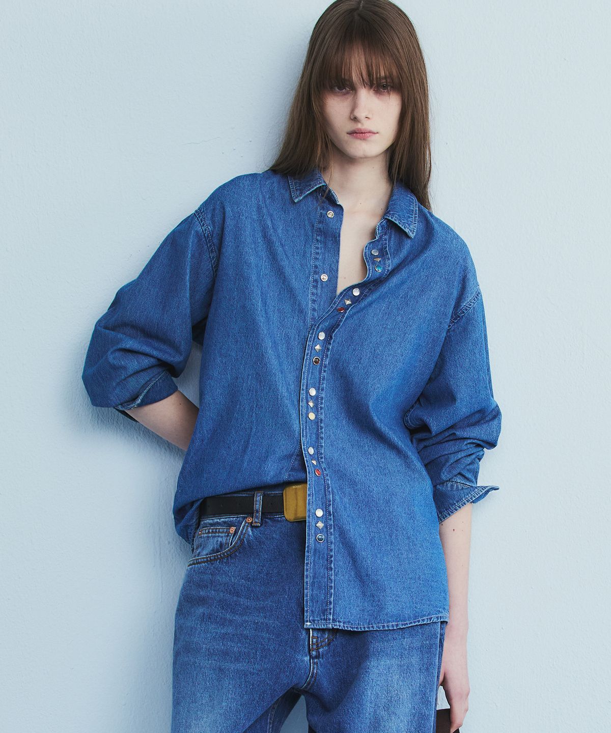 노앙(NOHANT) WESTERN BUTTON DENIM SHIRT MID BLUE