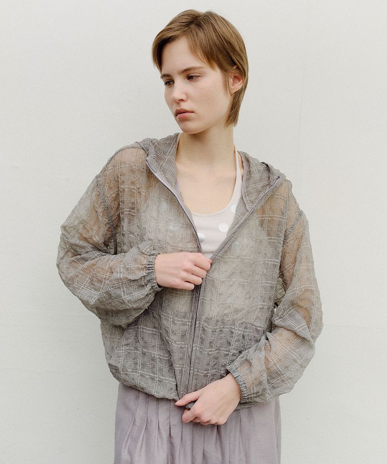 SHEER CHECK HOODED WINDBREAKER - GREY