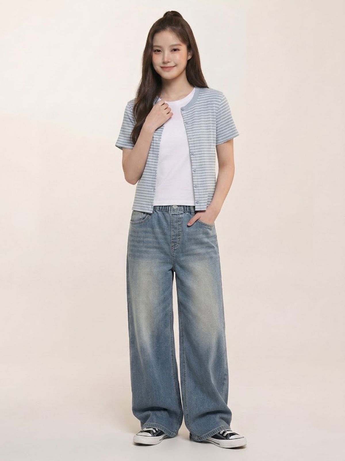 행텐 틴즈(HANGTEN TEENS) 틴즈 여아 풀밴딩 와이드 핏 데님팬츠_244(14570-155-402-10)