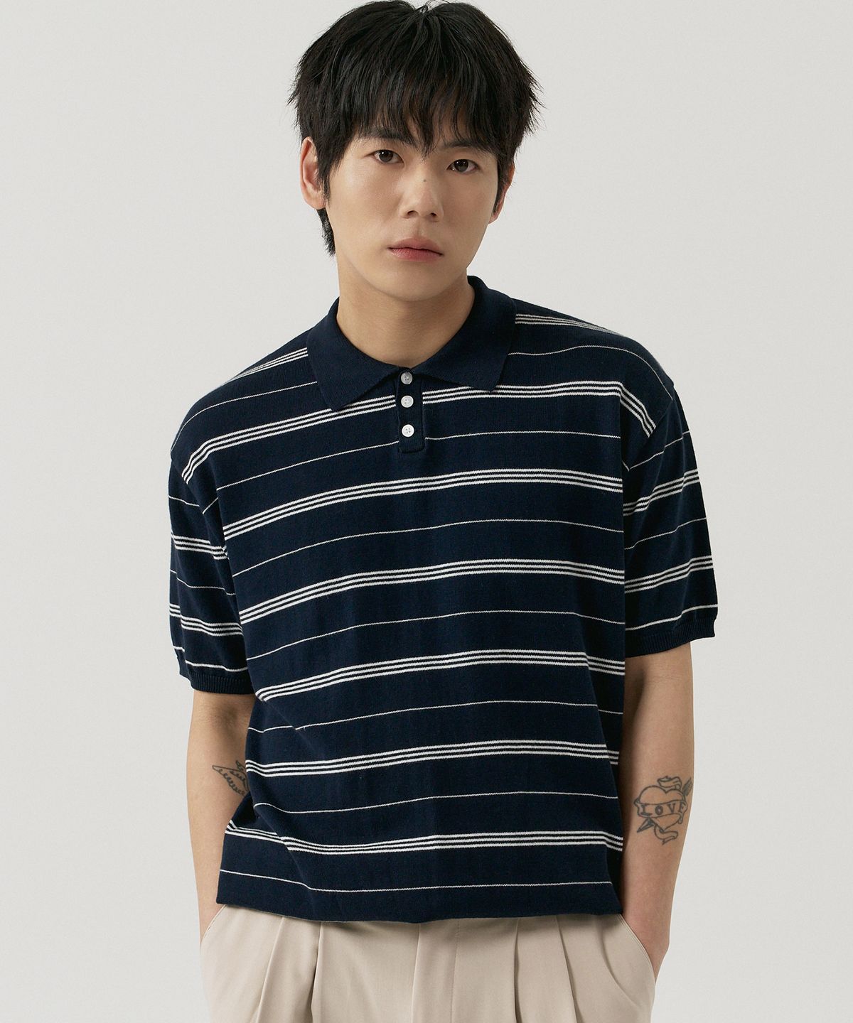 그노크(GNOK) 멀티 스트라이프 카라 반팔 니트[4COLOR]