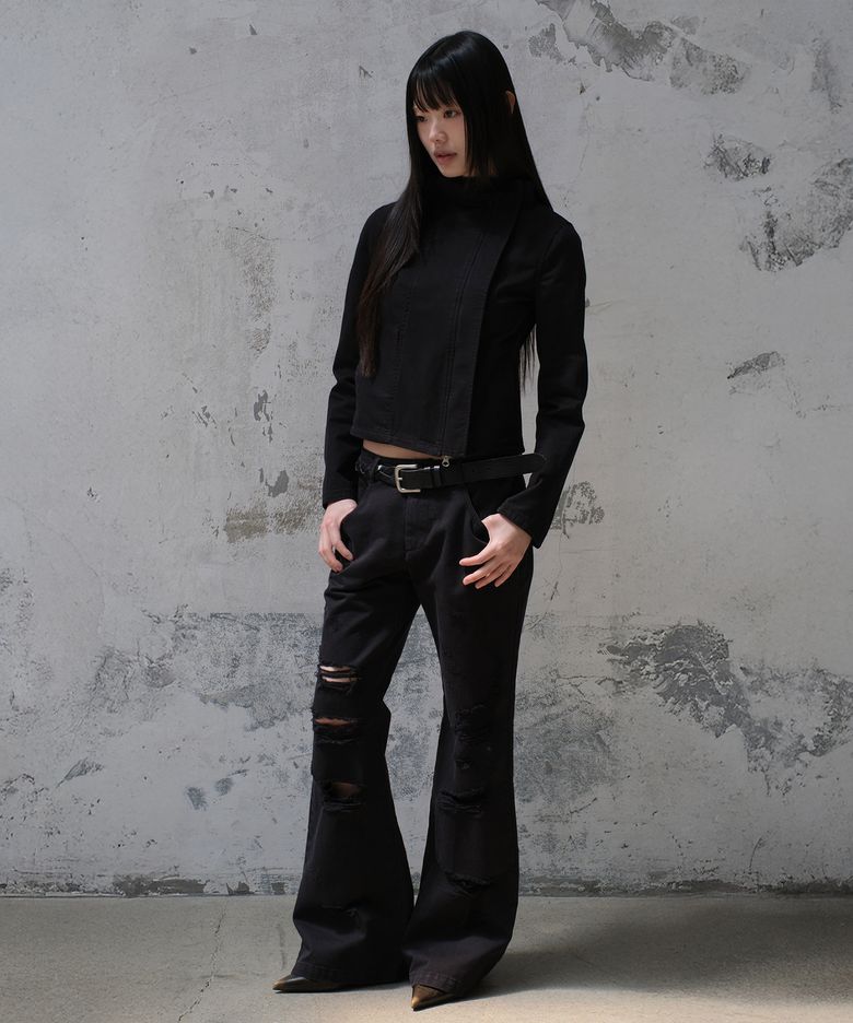 [설라노 X DIVEIN WOMEN] DESTROYED FLARE COTTON PANTS (BLACK)