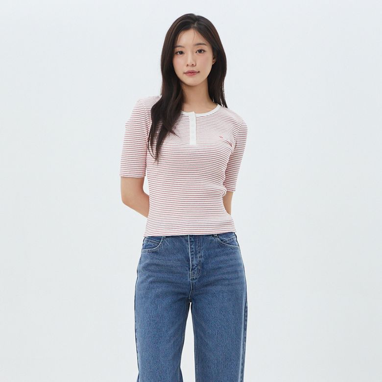 [BEIGE]헨리넥 골지스트라이프 티셔츠 PS7CH305