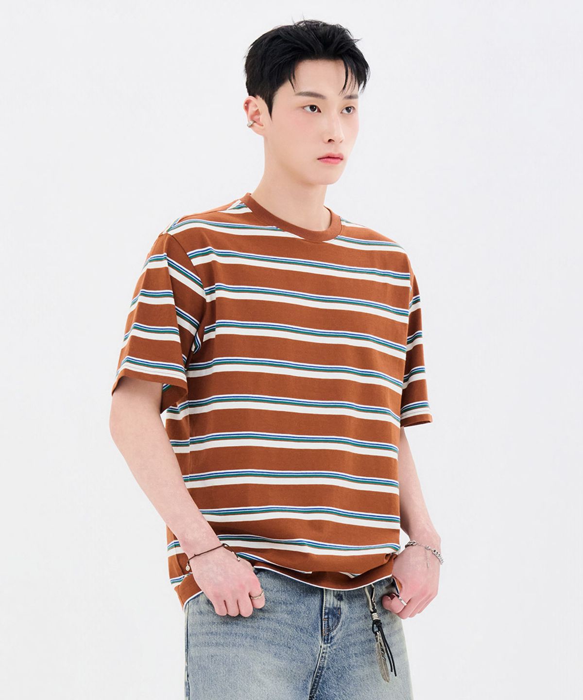 체이스컬트(CHASECULT) 공용 멀티 스트라이프 반팔 티셔츠-FBRU5819D08