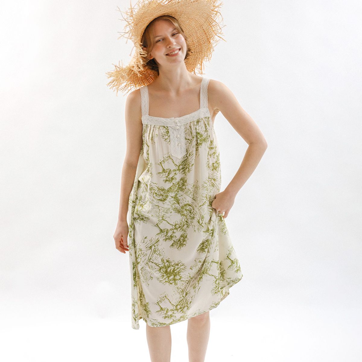 멜라니조이(MELANIE JOY) MJ_Floral lace trim slip pajama dress_GREEN