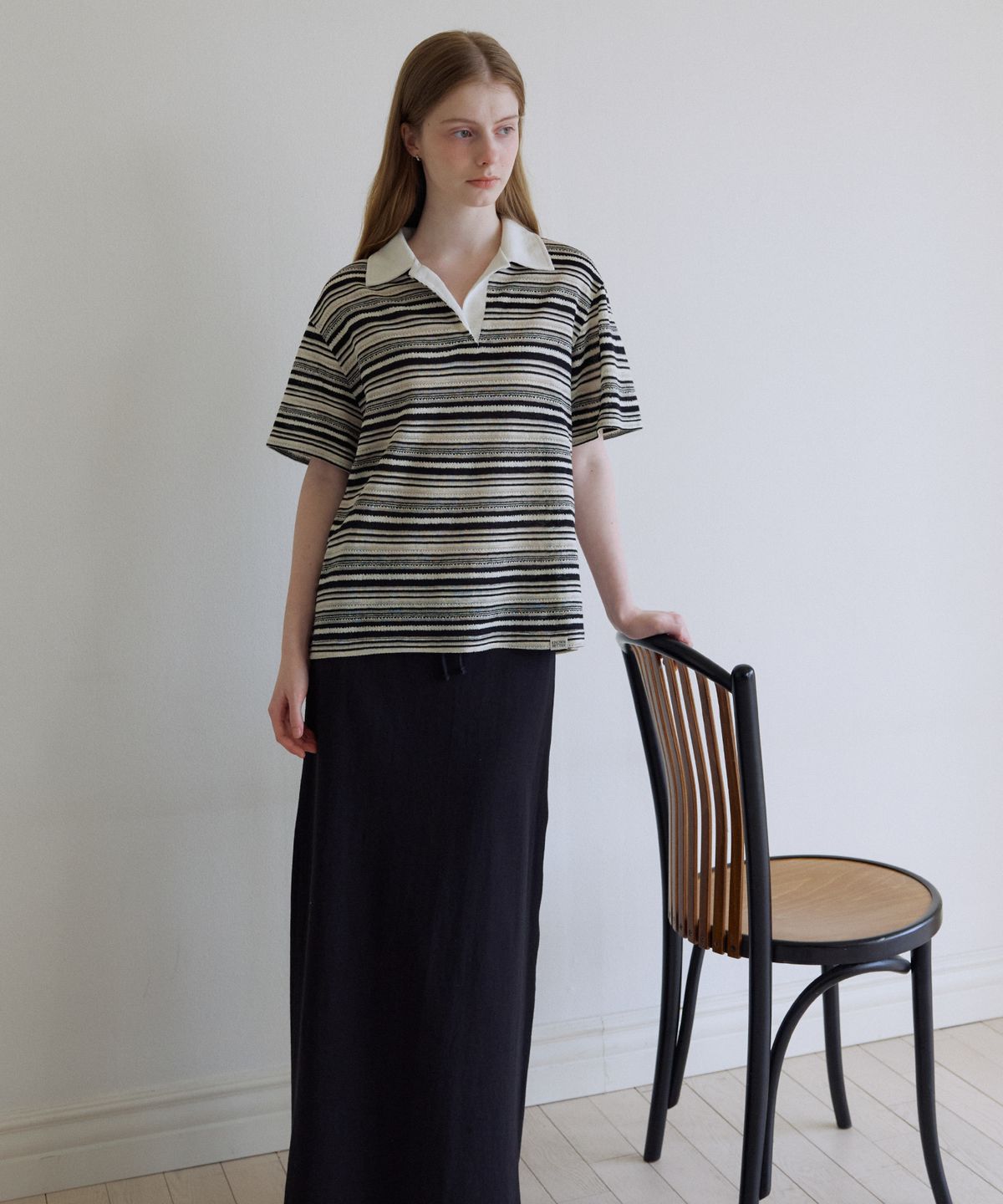노운베러(KNOWNBETTER) Stripe collar crochet T-shirt [KNSS08TS15]_Black