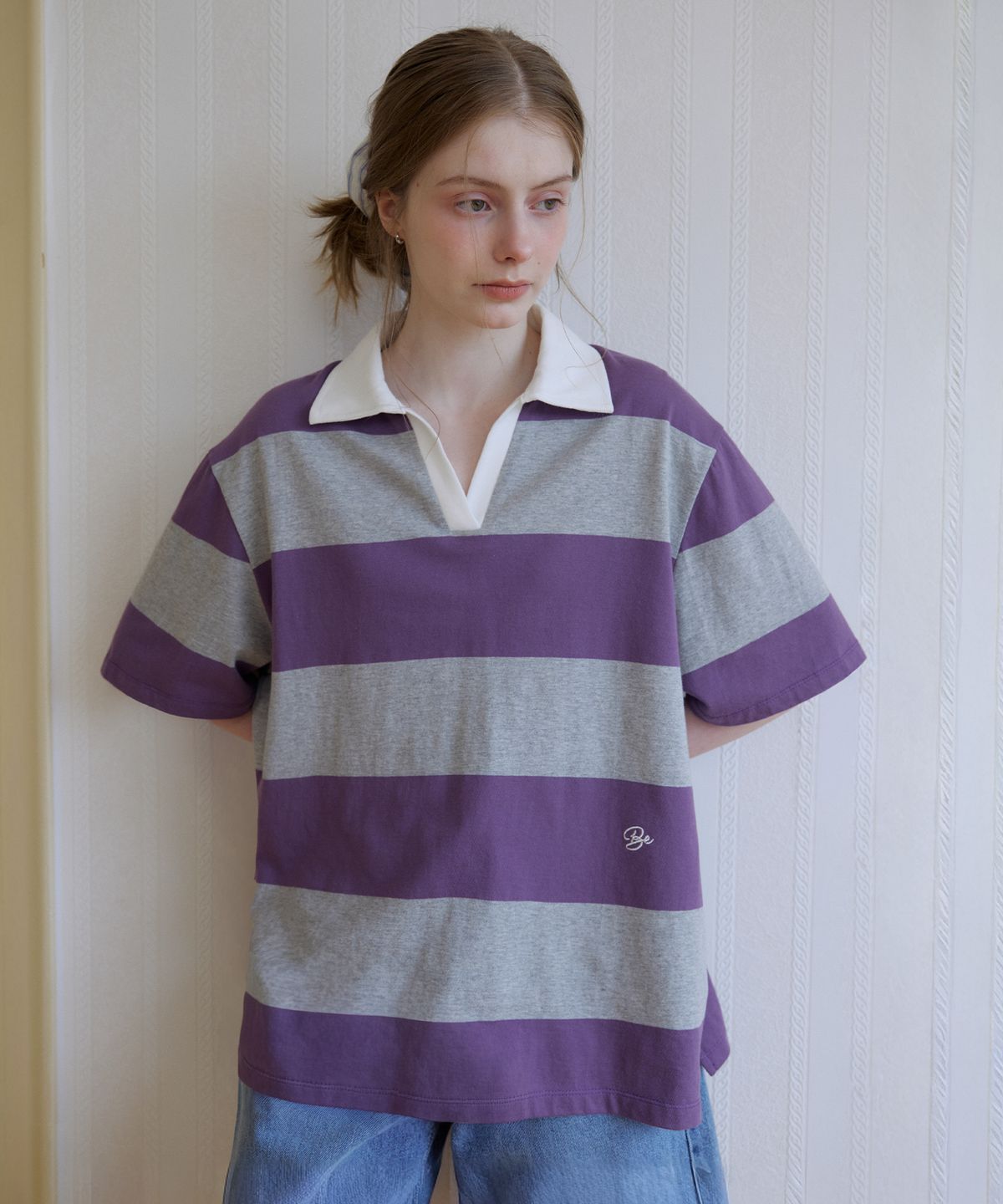 노운베러(KNOWNBETTER) Bold stripe collar half T-shirt [KNSS08TS13]_Melange gray