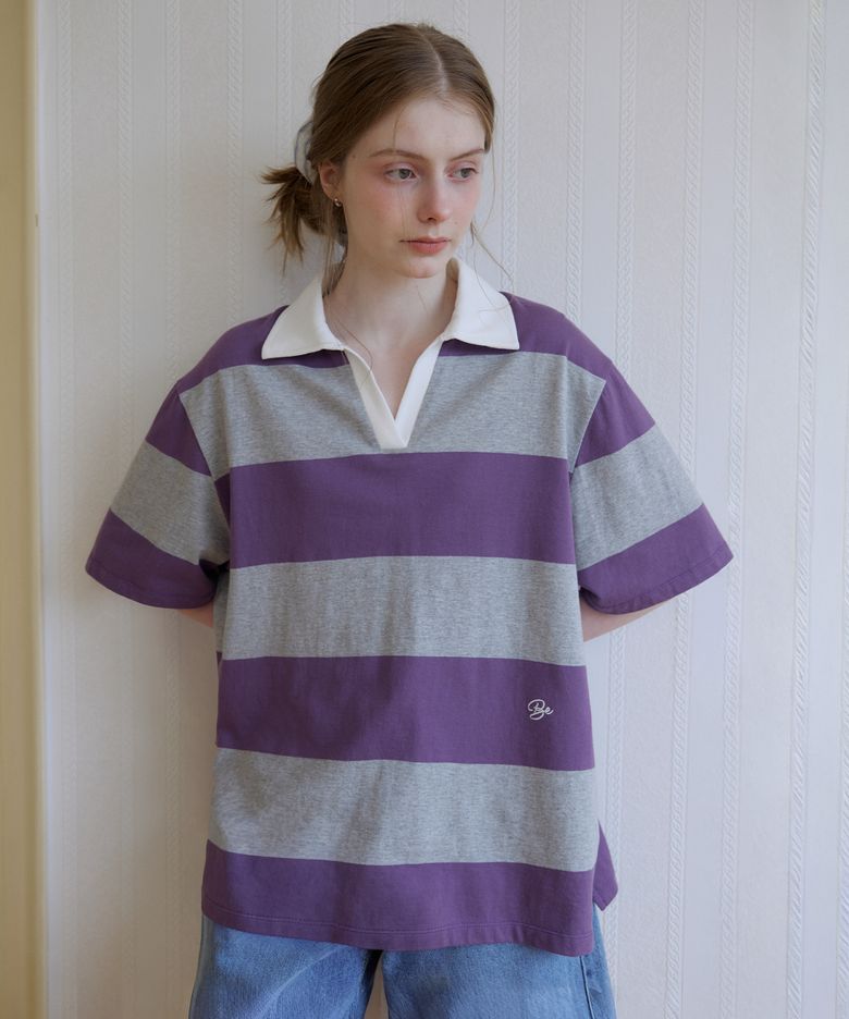 Bold stripe collar half T-shirt [KNSS08TS13]_Melange gray