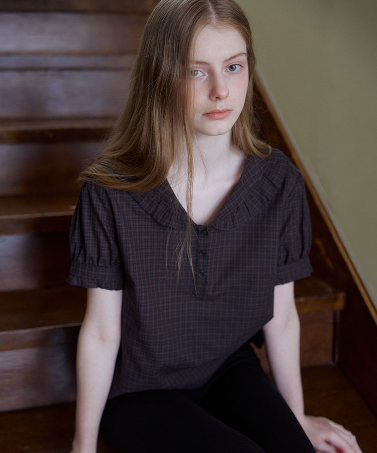 노운베러(KNOWNBETTER) Check puff sleeve blouse [KNSS06BL02]_Brown