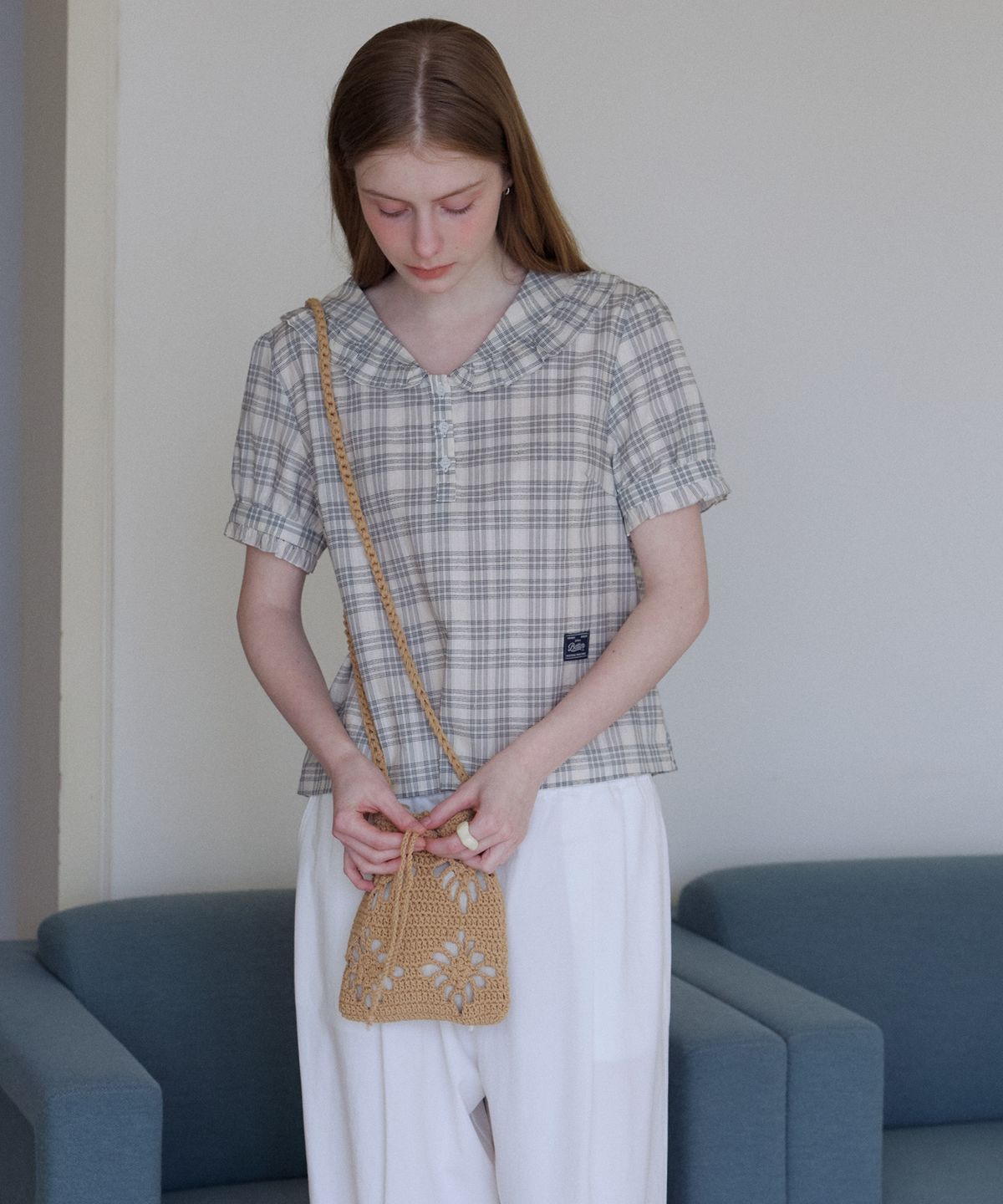 노운베러(KNOWNBETTER) Check puff sleeve blouse [KNSS06BL01]_Ivory