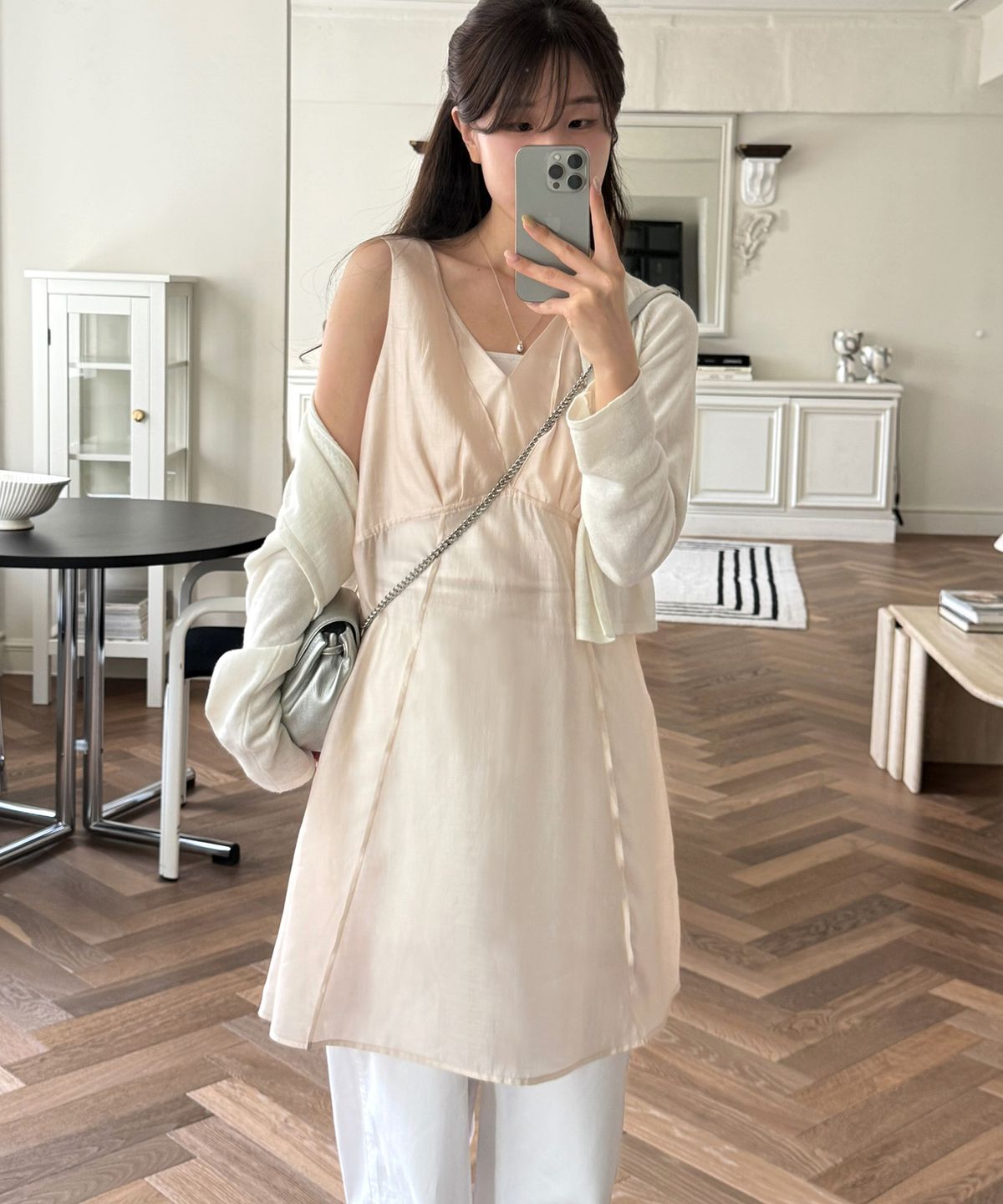 드로우핏 우먼(DRAWFIT WOMEN) 튤립 레이어드 미디 원피스 [PINK BEIGE]