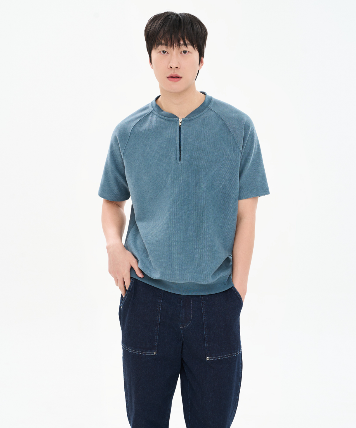 커스텀어스(CUSTOMUS) 남성 피그먼트 리버시블 헨리넥 반집업 반팔 티셔츠 CXS26MKRT305 BLU