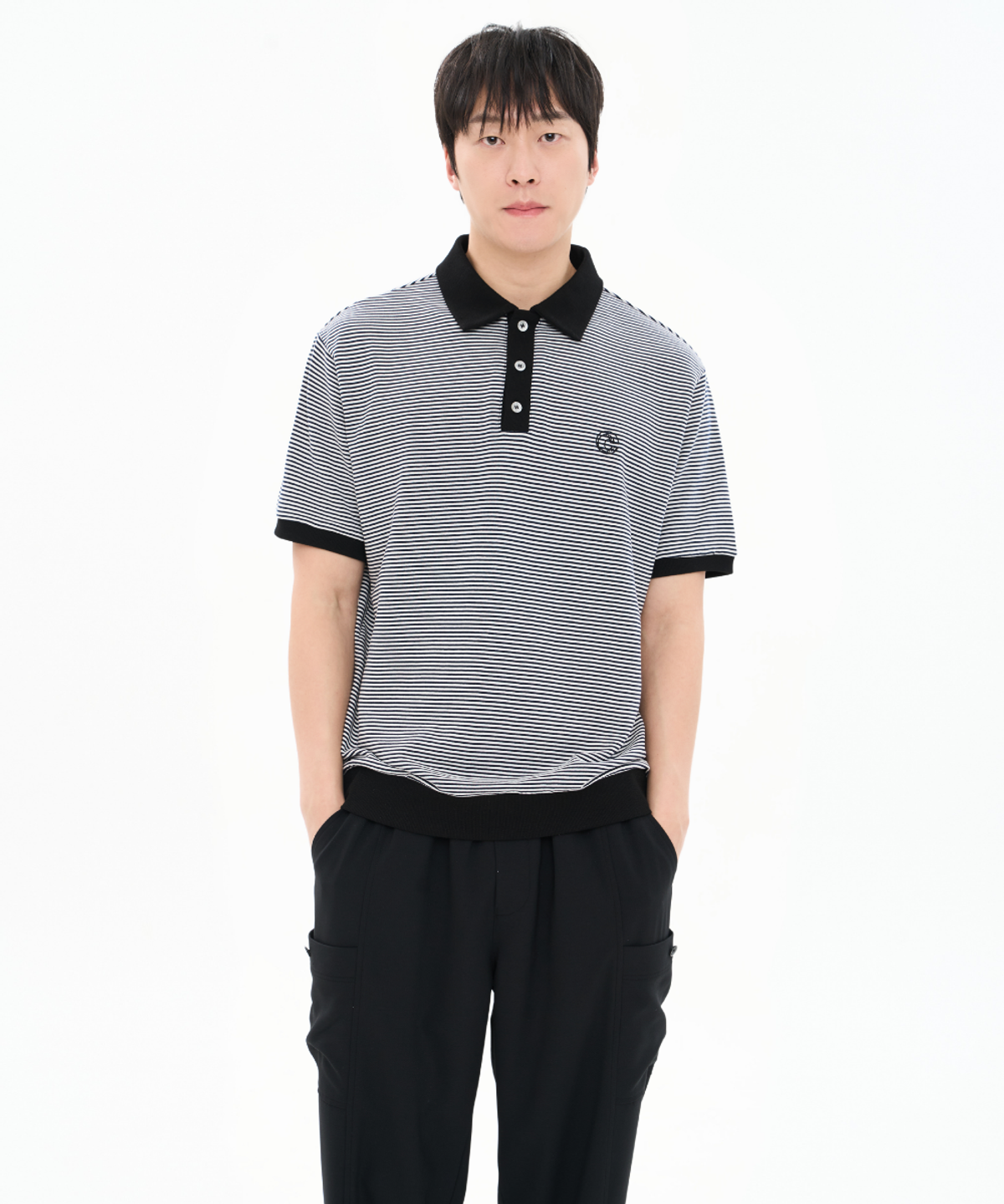 커스텀어스(CUSTOMUS) 남성 20수 코튼 선염 스트라이프 배색 카라 티셔츠 CXS26MKKT307 BLA