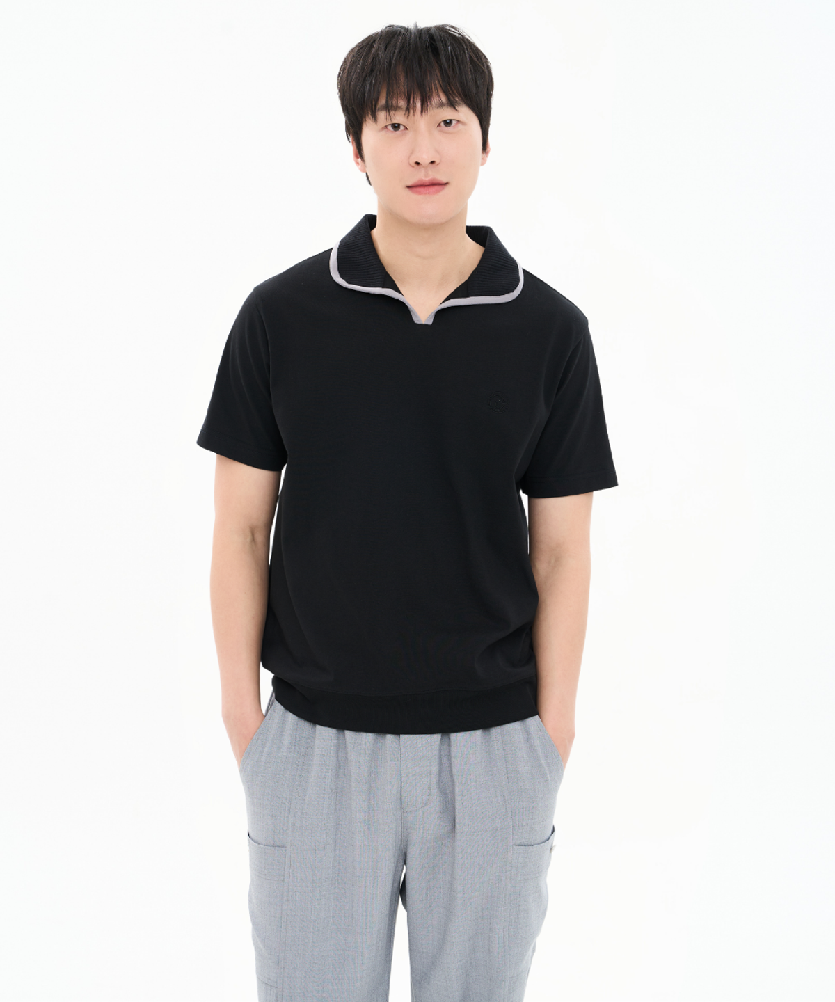 커스텀어스(CUSTOMUS) 남성 20수 코튼폴리 골지 배색 접밴드 카라 티셔츠 CXS26MKKT308 BLA
