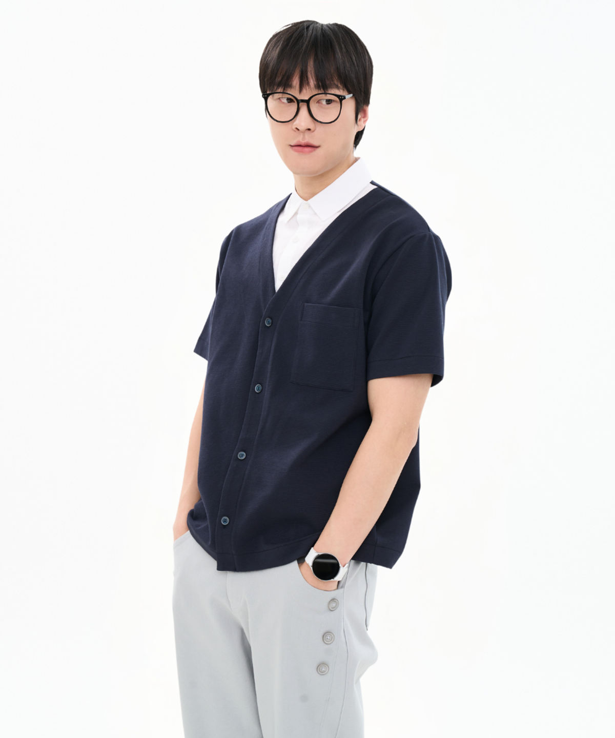 커스텀어스(CUSTOMUS) 남성 분또 셔츠 레이어드 반팔 티셔츠 가디건형 CXS26MKKT301 NAV