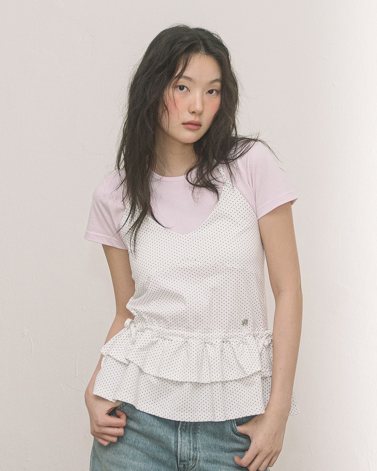 해비즘(HAVISM) DOUBLE FRILL  HALTER NECK SLEEVELESS(DOT IVORY)