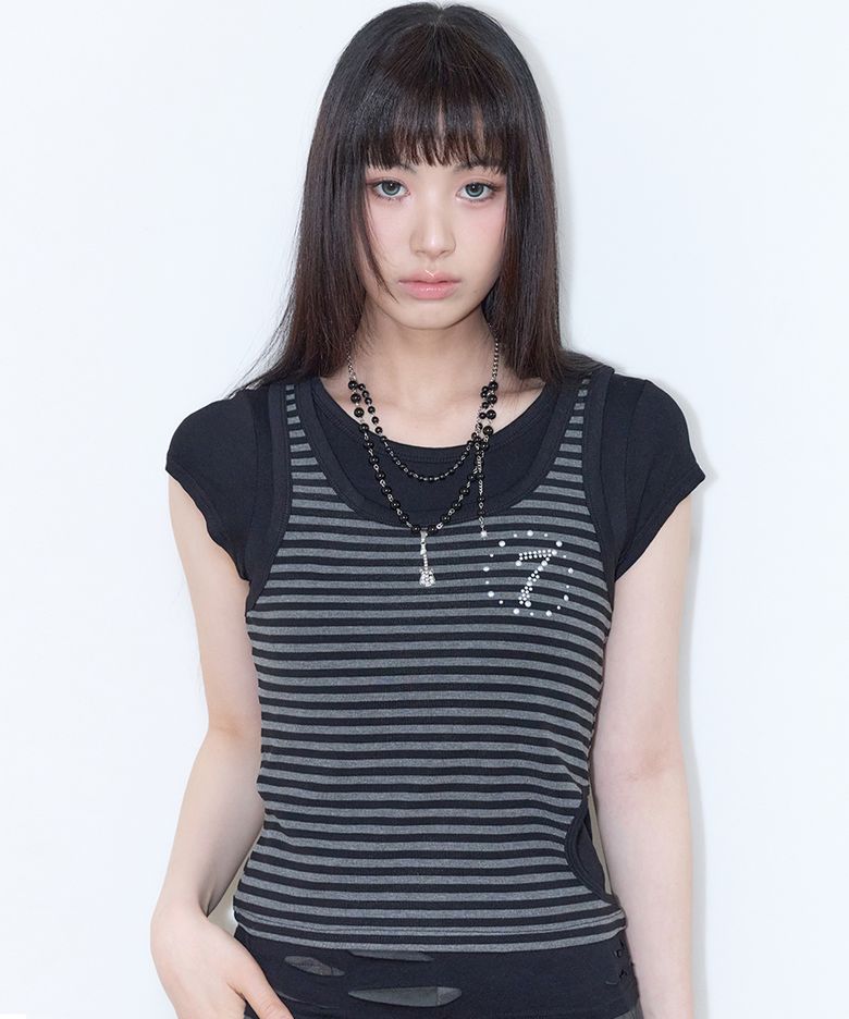 SY DAMAGE LAYERED TEE(BLACK)
