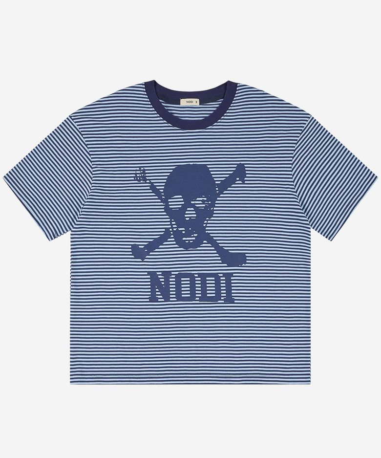 Trouble Skull Dept stripe crop Tee navy