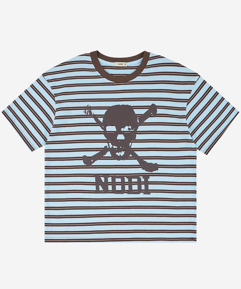 Trouble Skull Dept stripe crop Tee brown