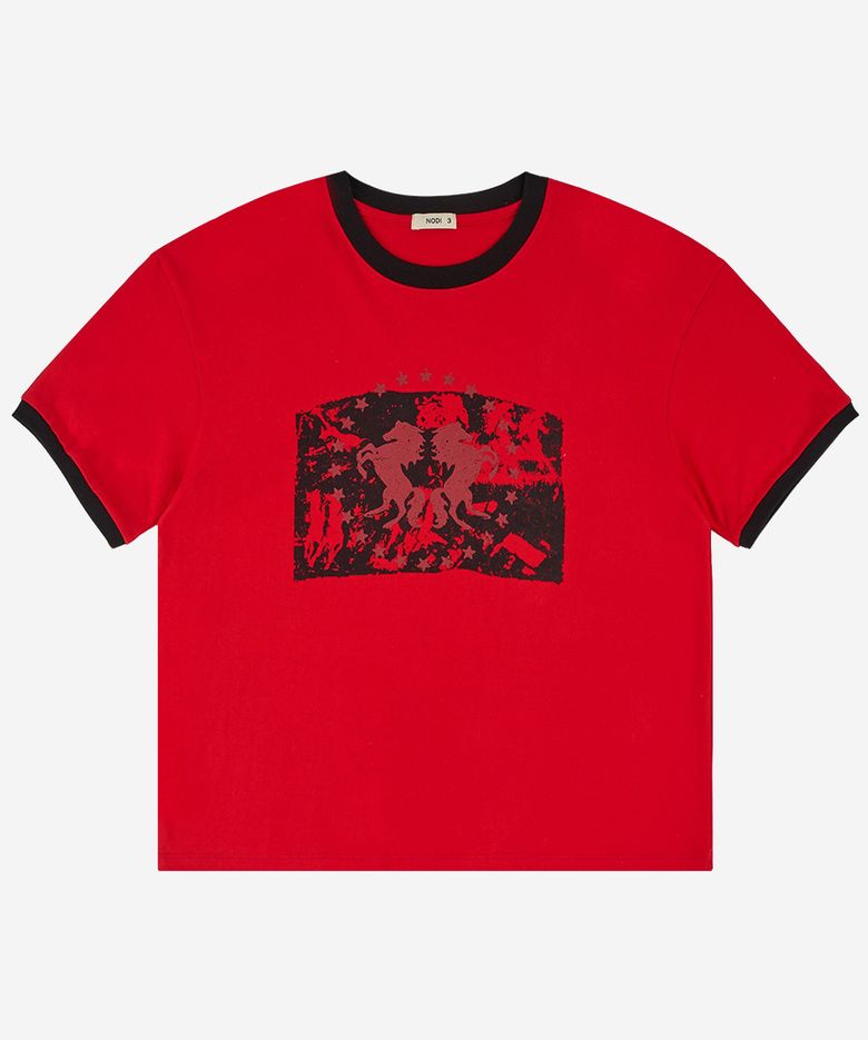 Dual Horse Emblem Ringer crop Tee red