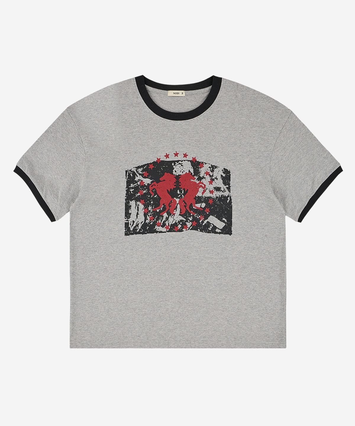 노디(NODI) Dual Horse Emblem Ringer crop Tee melange gray