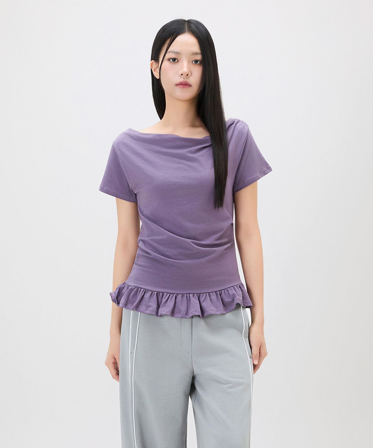 미쏘(MIXXO) 밑단 프릴 반팔 티셔츠_MIWHWG51MS