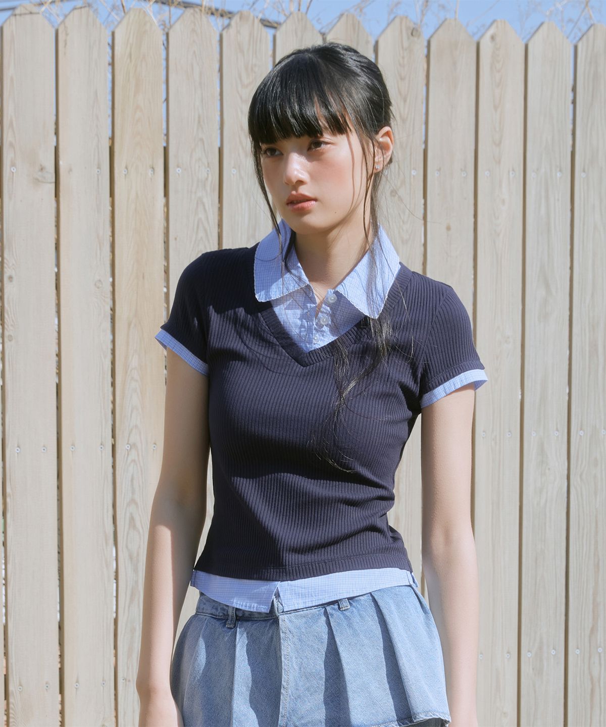 미쏘(MIXXO) 셔츠 배색 반팔 티셔츠_MIWHWG528A MIWHWG87QA