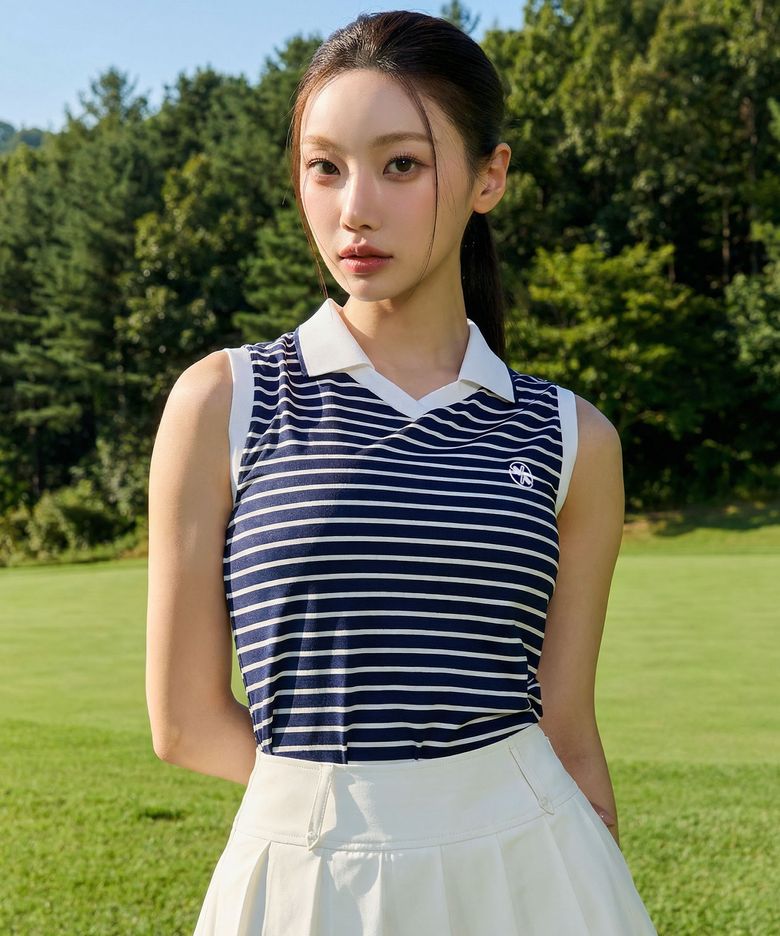 오픈카라 스트라이프 슬리브리스 XFL2QE1206