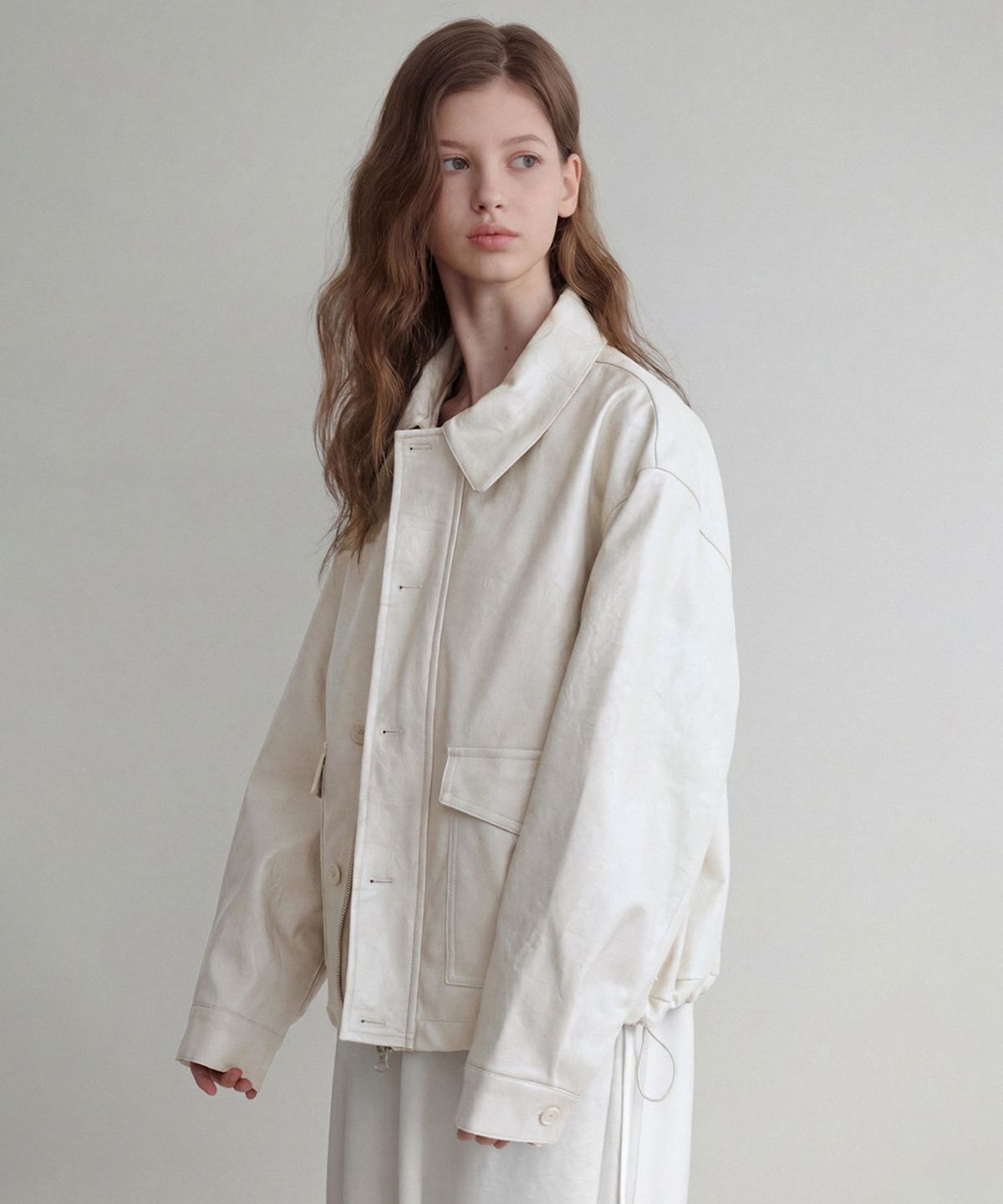 르나브(LENAV) hidden Pocket Leather Jacket (Ivory)