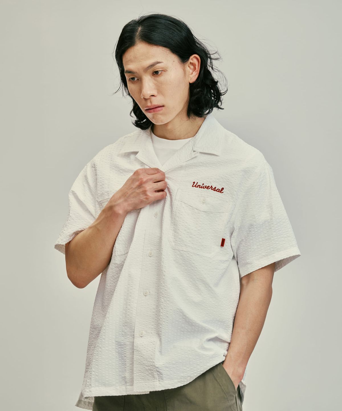 유니버셜 오버롤(UNIVERSAL OVERALL) STRIPE OPEN COLLAR SHORT SHIRTS WHITE